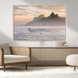 70644906-MGV-CV-36X24-Sunset Surfing Wall Art Canvas Print, Framed Misty Mountains Art Picture Print, Surfer Riding Wave Perfect Coastal Adventure Decor