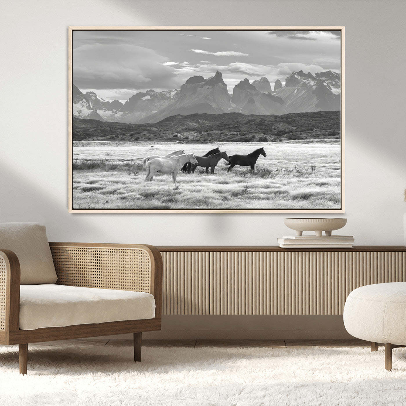 21655040-MGV-CV-36X24-Wild Horses Wall Art Canvas Print, Framed Black White Mountains Art Picture Print, Rustic Countryside Perfect Rustic Western Decor