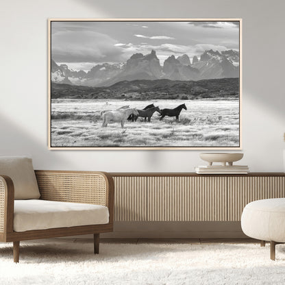 21655040-MGV-CV-36X24-Wild Horses Wall Art Canvas Print, Framed Black White Mountains Art Picture Print, Rustic Countryside Perfect Rustic Western Decor