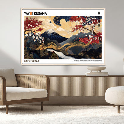 66243961-MGV-CV-36X24-Mount Fuji Japanese Wall Art – Golden Abstract Landscape Canvas Print, Cherry Blossom Painting, Modern Oriental Zen Home Decor