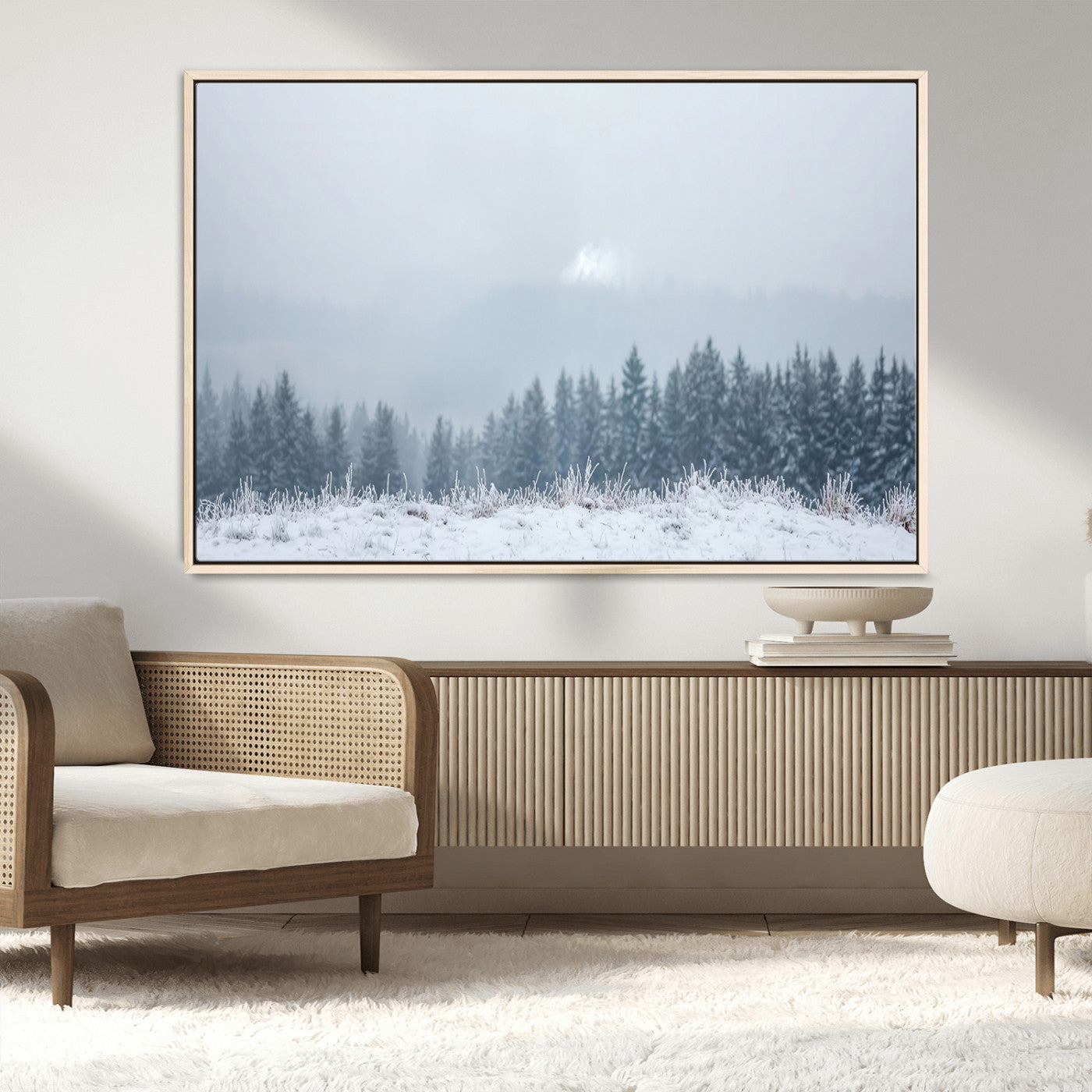 33033082-MGV-CV-36X24-Winter Forest Art Wall Art Canvas Print, Framed Snowy Landscape Art Picture Print, Misty Tree Scene Perfect Nordic Minimalist