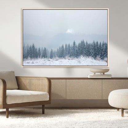 33033082-MGV-CV-36X24-Winter Forest Art Wall Art Canvas Print, Framed Snowy Landscape Art Picture Print, Misty Tree Scene Perfect Nordic Minimalist