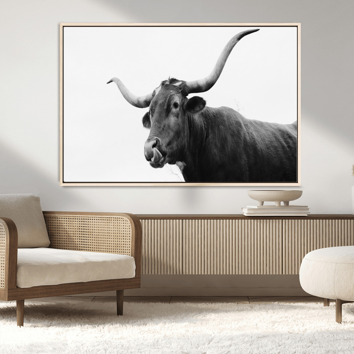 99244177-MGV-CV-36X24-Longhorn Photography Wall Art Canvas Print, Framed Western Cow Decor Art Picture Print, Black White Bull Perfect Modern Rustic