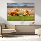 97244565-MGV-CV-36X24-Longhorn Duo Wall Art Canvas Print, Framed Cozy Ranch Vibes Art Picture Print, Western Ranch Decor Perfect Rustic Farmhouse Decor