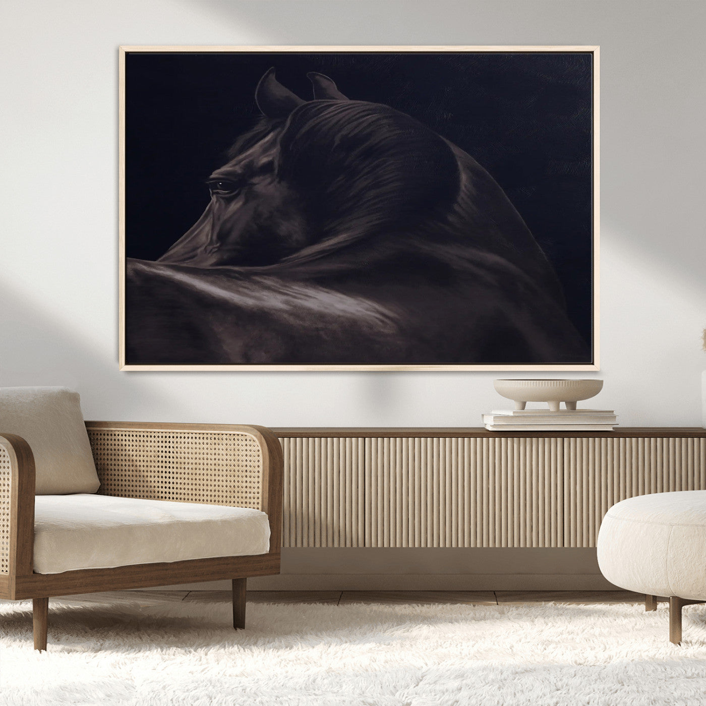 67026880-MGV-CV-36X24-Black Horse Portrait Wall Art Canvas Print, Framed Moody Horse Decor Art Picture Print, Equestrian Wall Style Perfect Masculine