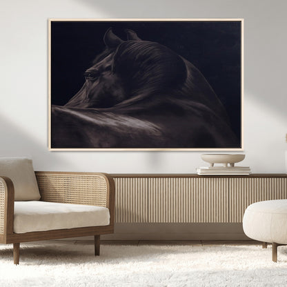 67026880-MGV-CV-36X24-Black Horse Portrait Wall Art Canvas Print, Framed Moody Horse Decor Art Picture Print, Equestrian Wall Style Perfect Masculine