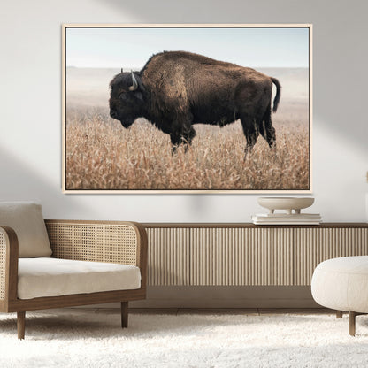 34451925-MGV-FC-36X24_Natural-Rustic Bison Decor Wall Art Canvas Print, Framed Buffalo Home Accent Art Picture Print, Prairie Wildlife Scene Perfect Western