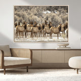 90269422-MGV-CV-36X24-Elk Herd Scene Wall Art Canvas Print, Framed Rustic Wildlife Decor Art Picture Print, Western Cabin Style Perfect Rustic Lodge