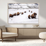 13891210-MGV-CV-36X24-Bison Herd Scene Wall Art Canvas Print, Framed Western Wildlife Decor Art Picture Print, Snowy Mountain Valley Perfect Rustic