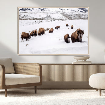 13891210-MGV-CV-36X24-Bison Herd Scene Wall Art Canvas Print, Framed Western Wildlife Decor Art Picture Print, Snowy Mountain Valley Perfect Rustic