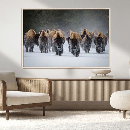 41669135-MGV-CV-36X24-Bison Herd Scene Wall Art Canvas Print, Framed Rustic Wildlife Decor Art Picture Print, Snowy Bison Landscape Perfect Rustic