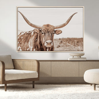 77810049-MGV-CV-36X24-Longhorn Bull Photo Wall Art Canvas Print, Framed Rustic Cow Decor Art Picture Print, Neutral Farmhouse Style Perfect Rustic