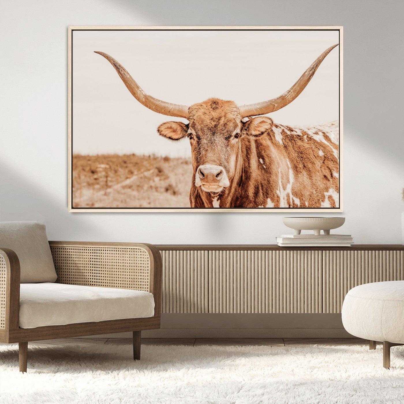 74406977-MGV-FC-36X24_Natural-Longhorn Bull Decor Wall Art Canvas Print, Framed Western Cow Theme Art Picture Print, Rustic Farmhouse Wall Perfect Neutral
