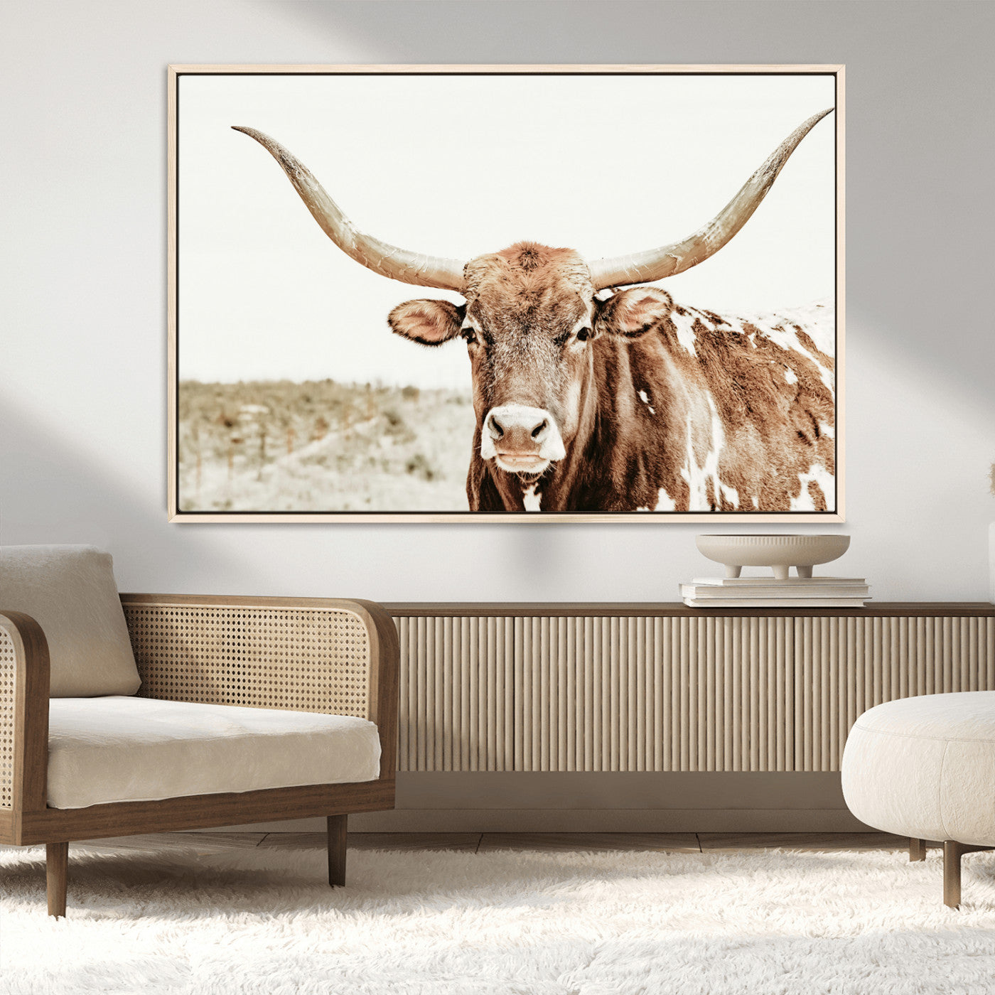 98924580-MGV-CV-36X24-Texas Longhorn Bull Wall Art Canvas Print, Framed Rustic Farmhouse Decor Art Picture Print, Western Animal Theme Perfect Rustic
