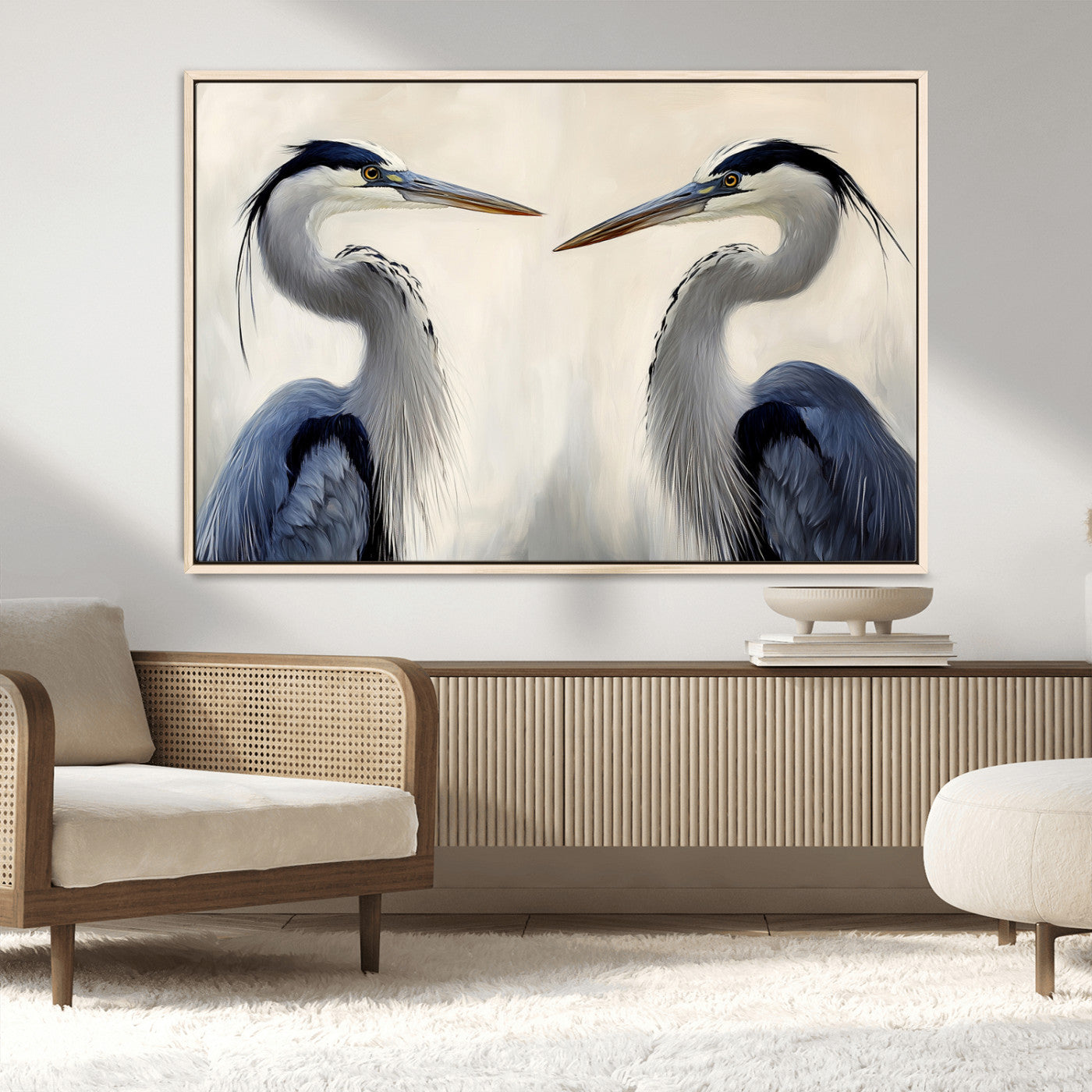 18230556-MGV-FC-36X24_Natural-Blue Heron Pair Wall Art Canvas Print, Framed Coastal Bird Theme Art Picture Print, Tranquil Wildlife Scene Perfect Coastal