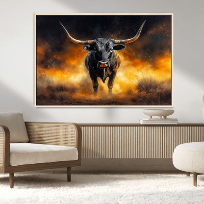 58293979-MGV-FC-36X24_Natural-Longhorn Canvas Wall Art Canvas Print, Framed Bold Bull Wall Art Art Picture Print, Western Animal Decor Perfect Western Dramatic