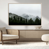 55968349-MGV-CV-36X24-Misty Mountains Wall Art Canvas Print, Framed Foggy Forest Art Picture Print, Snowy Peaks Perfect Moody Wilderness Decor Artwork