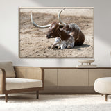 76549210-MGV-CV-36X24-Texas Longhorn Wall Art Canvas Print, Framed Country Living Art Picture Print, Farmhouse Aesthetic Perfect Western Rustic Decor