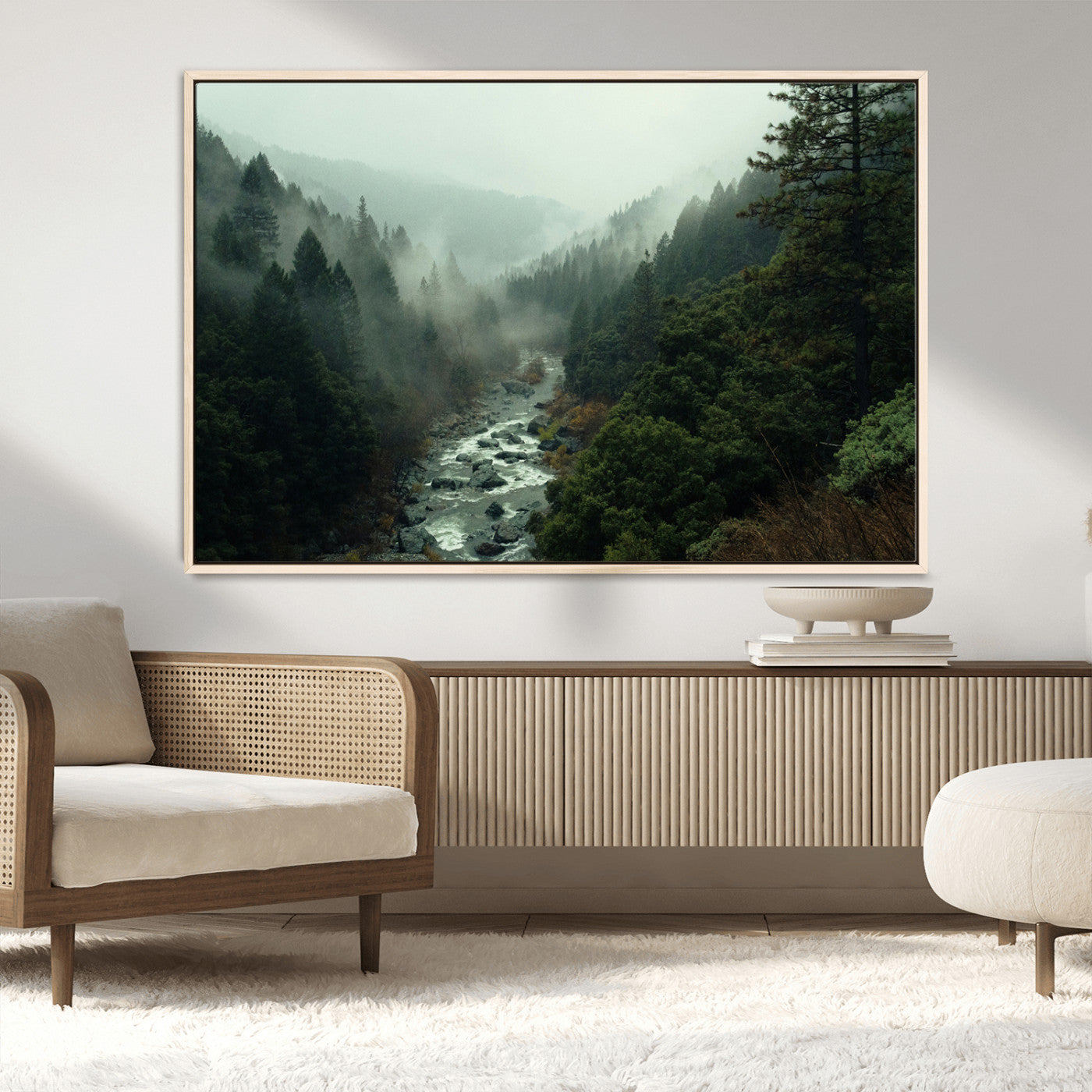 48497565-MGV-FC-36X24_Natural-Misty Forest Wall Art Canvas Print, Framed Foggy River Art Picture Print, Moody Landscape Perfect Moody Wilderness Decor Artwork