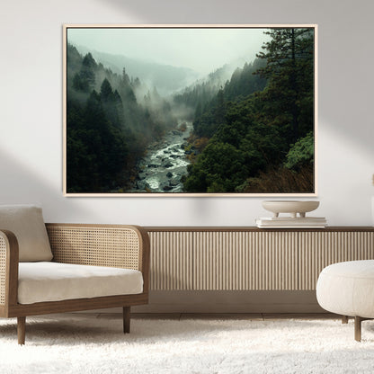 48497565-MGV-FC-36X24_Natural-Misty Forest Wall Art Canvas Print, Framed Foggy River Art Picture Print, Moody Landscape Perfect Moody Wilderness Decor Artwork