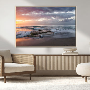 94208089-MGV-FC-36X24_Natural-Golden Hour Wall Art Canvas Print, Framed Tranquil Waves Art Picture Print, Beach Horizon Perfect Coastal Serenity Decor Artwork
