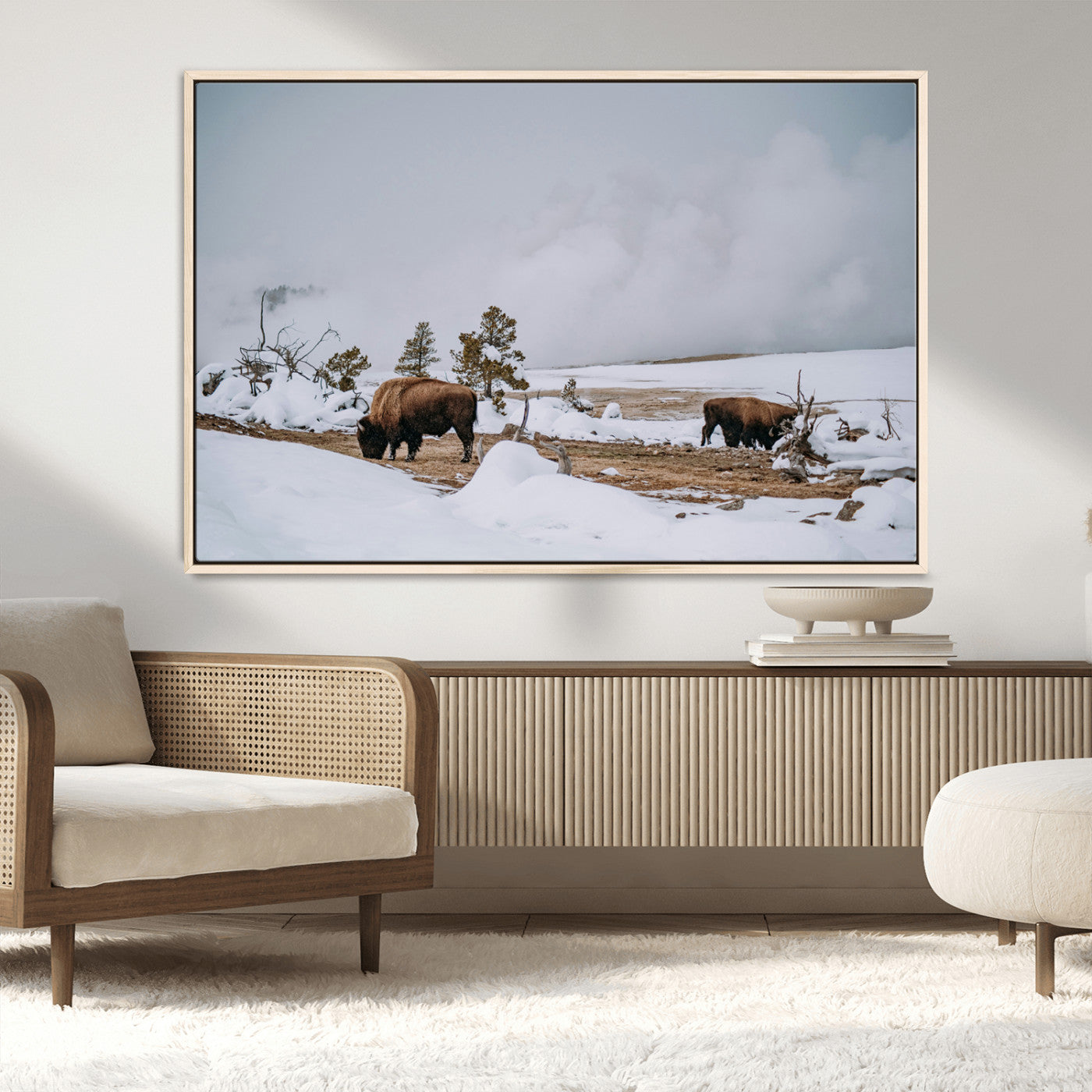 60308289-MGV-FC-36X24_Natural-Bison Wildlife Wall Art Canvas Print, Framed Snowy Prairie Art Picture Print, Western Landscape Perfect Rustic Winter Decor
