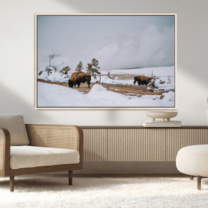 60308289-MGV-FC-36X24_Natural-Bison Wildlife Wall Art Canvas Print, Framed Snowy Prairie Art Picture Print, Western Landscape Perfect Rustic Winter Decor