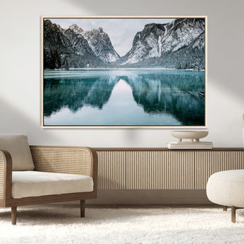 73098373-MGV-CV-36X24-Mountain Lake Wall Art Canvas Print, Framed Winter Wonderland Art Picture Print, Snowy Peaks Perfect Modern Nature Decor Artwork