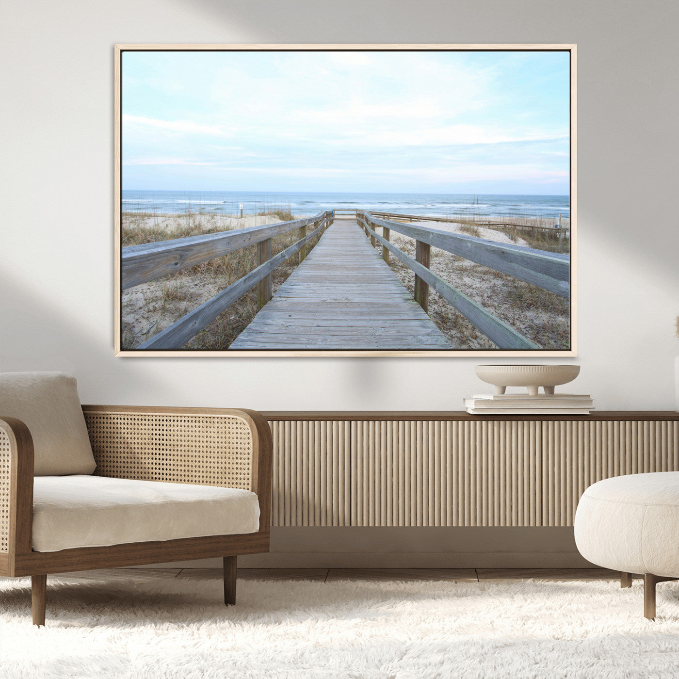 31602988-MGV-CV-36X24-Beach Boardwalk Wall Art Canvas Print, Framed Coastal Serenity Art Picture Print, Ocean View Perfect Coastal Minimalist Decor