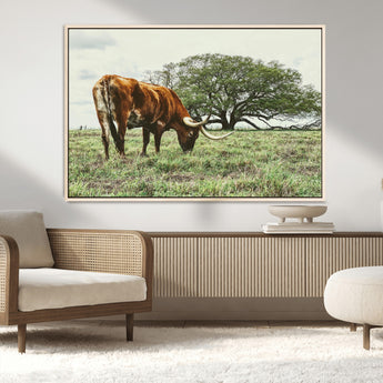 91866234-MGV-FC-36X24_Natural-Texas Longhorn Wall Art Canvas Print, Framed Rustic Ranch Art Picture Print, Western Cattle Perfect Rustic Farmhouse Decor Artwork