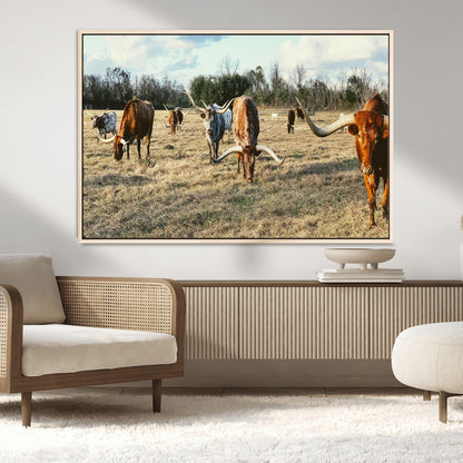 39144651-MGV-CV-36X24-Texas Longhorns Wall Art Canvas Print, Framed Rustic Farm Scene Art Picture Print, Western Cattle Perfect Rustic Farmhouse Decor
