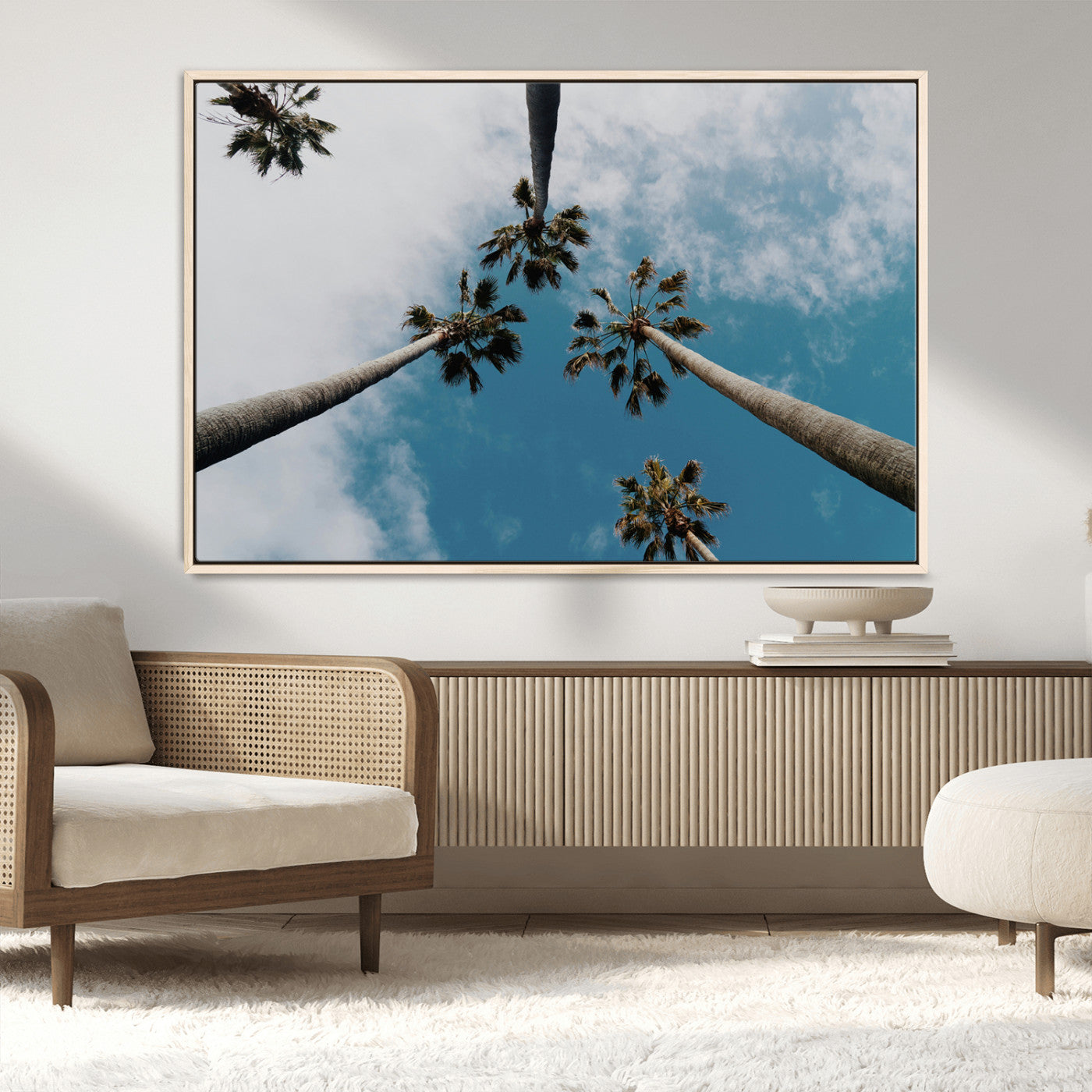 45236398-MGV-CV-36X24-Tropical Palm Trees Wall Art Canvas Print, Framed California Sky Art Picture Print, Minimalist Nature Perfect Coastal Minimalist