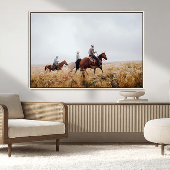 94723307-MGV-CV-36X24-Western Cowboys Wall Art Canvas Print, Framed Rustic Prairie Art Picture Print, Horseback Riding Perfect Rustic Western Decor