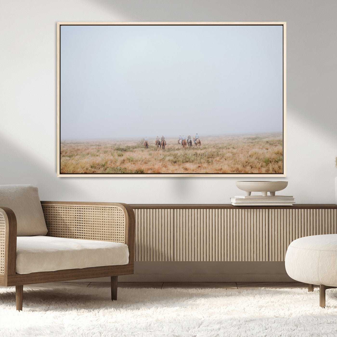 14761944-MGV-FC-36X24_Natural-Foggy Plains Wall Art Canvas Print, Framed Horseback Riders Art Picture Print, Rustic Western Perfect Rustic Western Decor Artwork