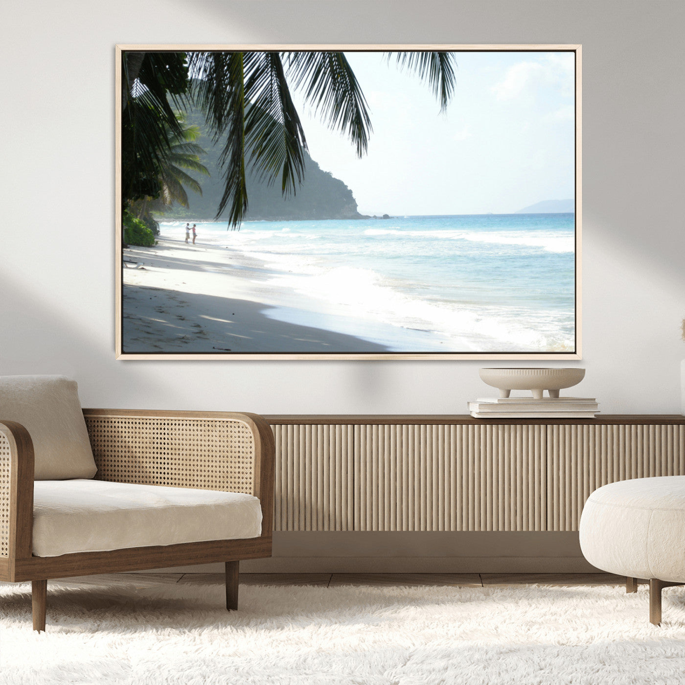 18311030-MGV-CV-36X24-Tropical Beach Wall Art Canvas Print, Framed Serene Ocean Art Picture Print, Palm Tree Shadows Perfect Tropical Coastal Decor