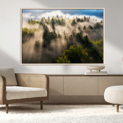 14785710-MGV-FC-36X24_Natural-Tranquil Forest Scene Wall Art Canvas Print, Framed Sunbeam Through Trees Art Picture Print, Moody Green Wall Art Perfect