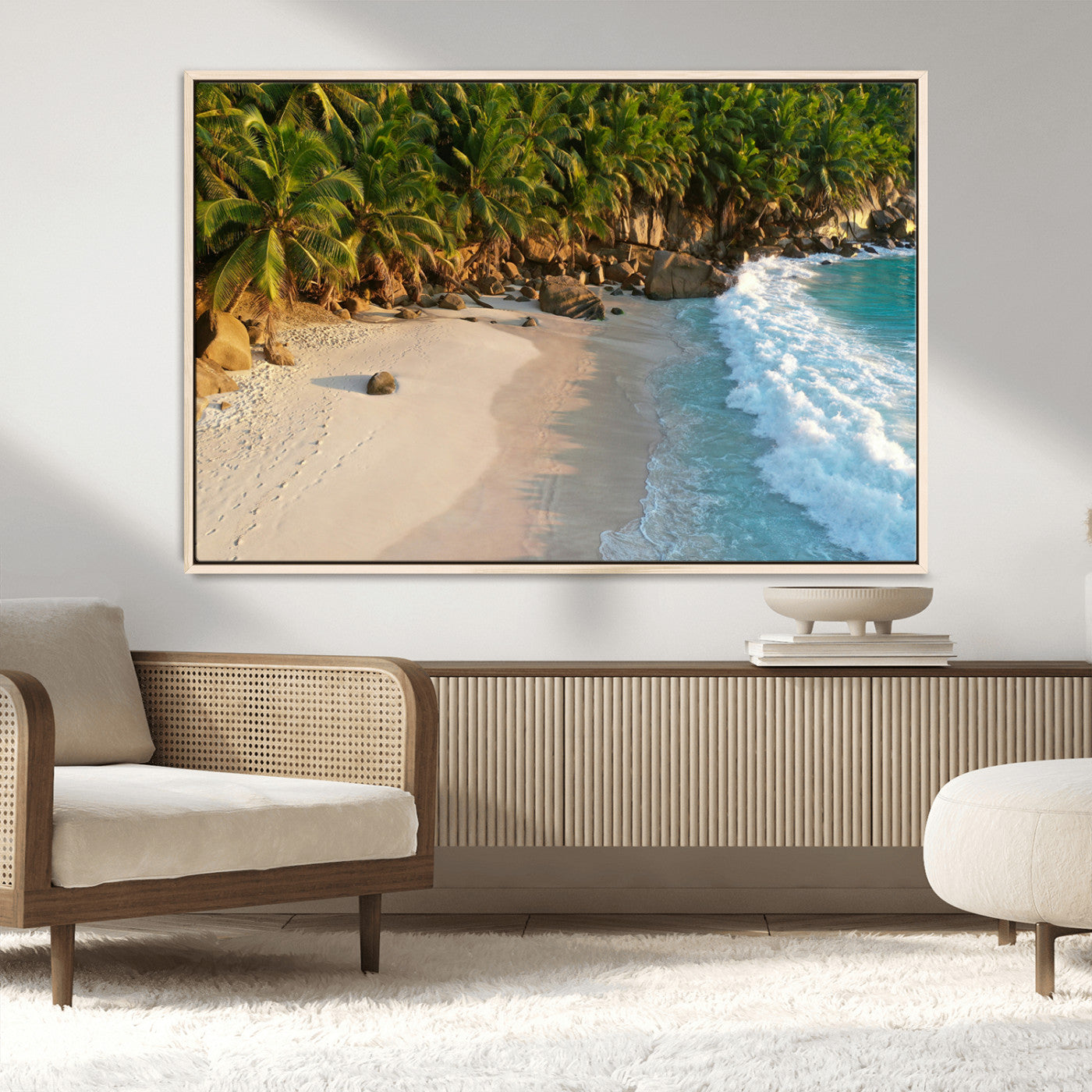 82312665-MGV-FC-36X24_Natural-Tropical Beach Wall Art Canvas Print, Framed Ocean Waves Art Picture Print, Palm Trees Perfect Coastal Minimalist Decor Artwork