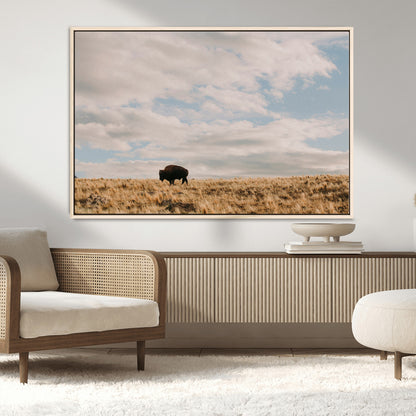 22754563-MGV-FC-36X24_Natural-Earthy Tones Wall Art Canvas Print, Framed Rustic Nature Art Picture Print, Solitary Buffalo Perfect Western Minimalist Decor