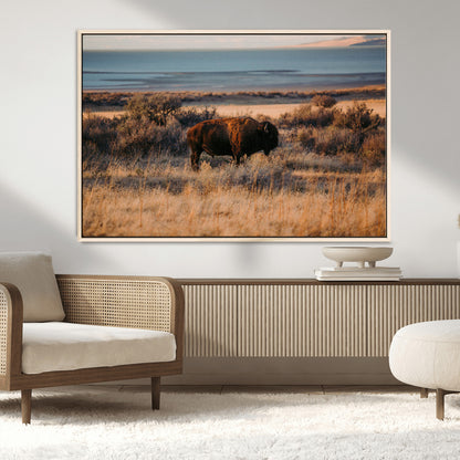 39509187-MGV-CV-36X24-Western Wildlife Wall Art Canvas Print, Framed Bison Art Picture Print, Golden Hour Perfect Western Rustic Decor Artwork