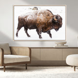 94261165-MGV-CV-36X24-Snowy Buffalo Wall Art Canvas Print, Framed Wildlife Photography Art Picture Print, Brown Tones Perfect Rustic Lodge Decor Decor