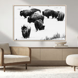 18914414-MGV-CV-36X24-Buffalo Herd Wall Art Canvas Print, Framed Black and White Art Picture Print, Snowy Landscape Perfect Rustic Lodge Decor Decor