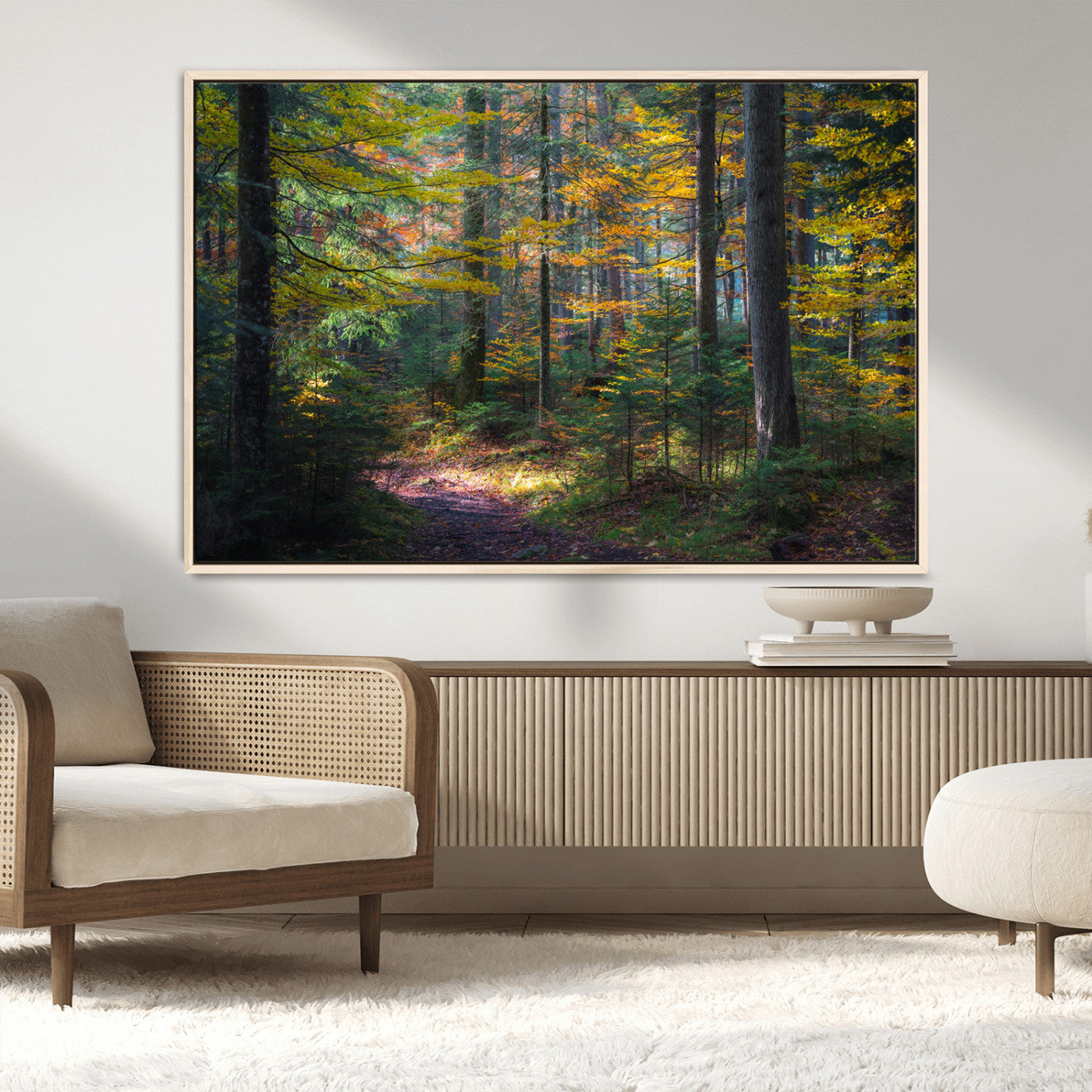 65810864-MGV-CV-36X24-Autumn Forest Wall Art Canvas Print, Framed Fall Woodland Art Picture Print, Golden Leaves Perfect Rustic Farmhouse Decor Artwork