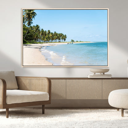 37858872-MGV-FC-36X24_Natural-Palm Tree Coast Wall Art Canvas Print, Framed Island Getaway Art Picture Print, Crystal Blue Water Perfect Tropical Coastal Decor