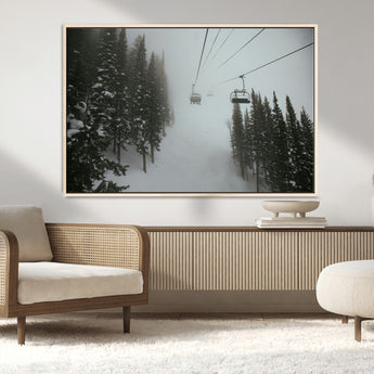 87018452-MGV-FC-36X24_Natural-Ski Lift Wall Art Canvas Print, Framed Snowy Pines Art Picture Print, Misty Landscape Perfect Winter Serenity Decor Artwork