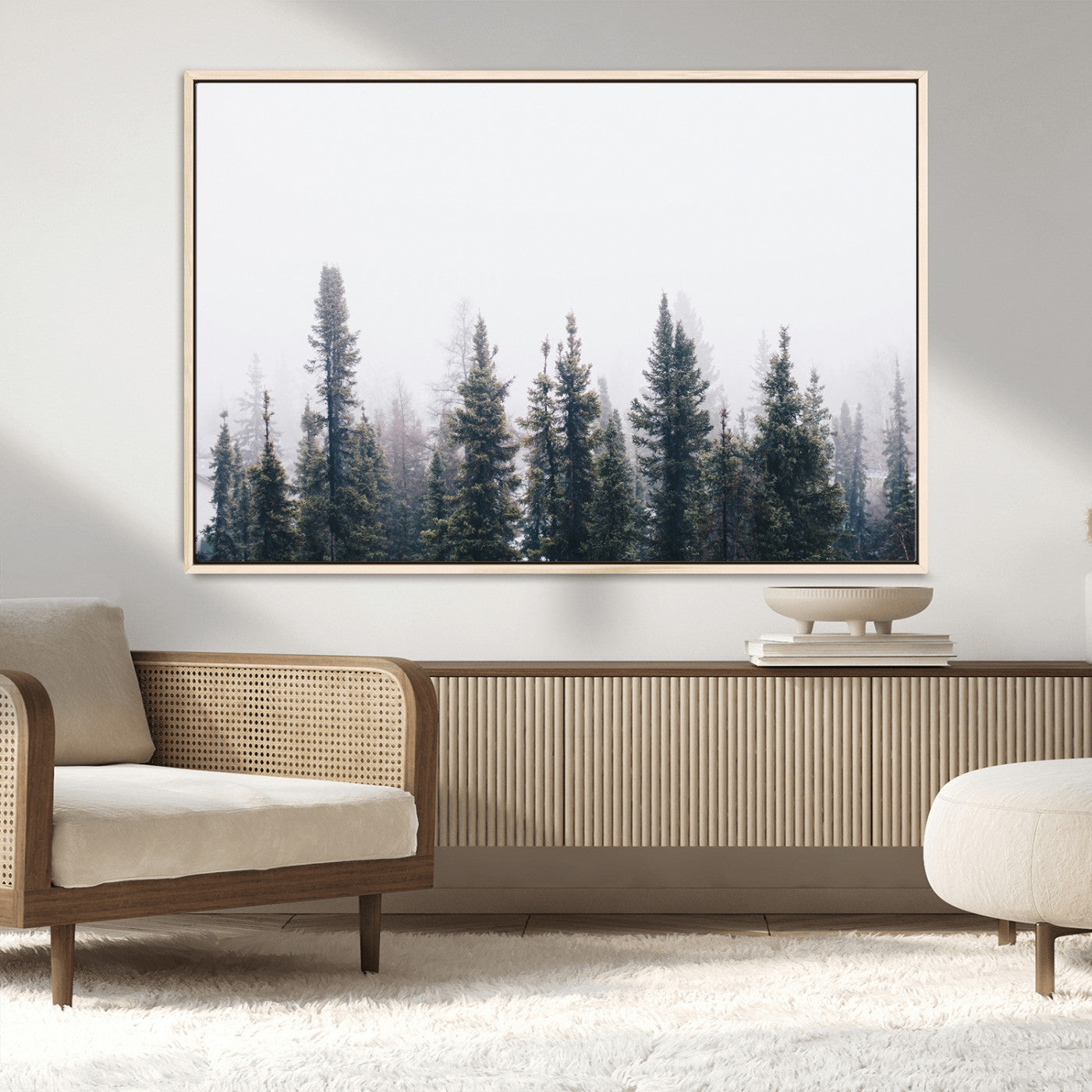 42364796-MGV-CV-36X24-Foggy Forest Wall Art Canvas Print, Framed Misty Pines Art Picture Print, Moody Woodland Perfect Scandinavian Minimalist Decor