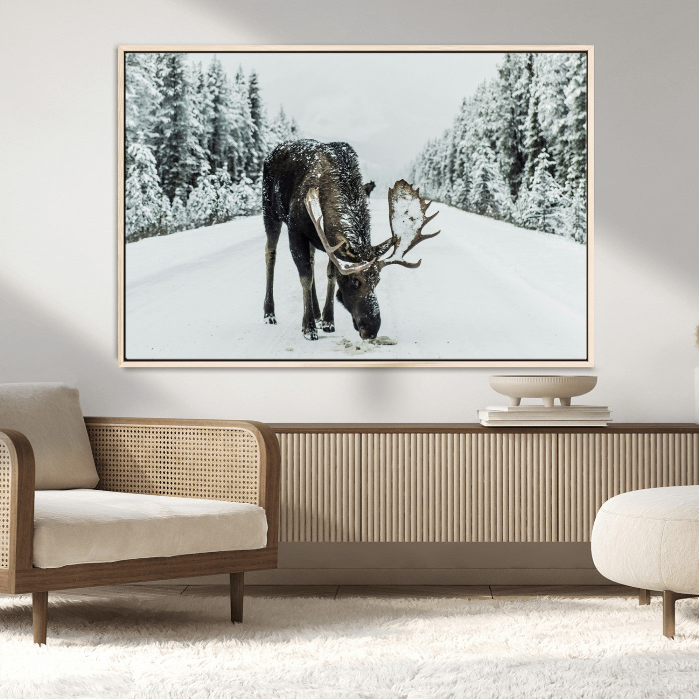 13316292-MGV-CV-36X24-Moose in Snow Wall Art Canvas Print, Framed Winter Wildlife Art Picture Print, Snowy Forest Scene Perfect Rustic Lodge Decor