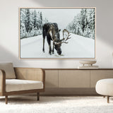 13316292-MGV-CV-36X24-Moose in Snow Wall Art Canvas Print, Framed Winter Wildlife Art Picture Print, Snowy Forest Scene Perfect Rustic Lodge Decor