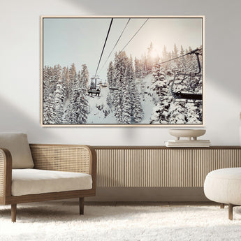 91534512-MGV-FC-36X24_Natural-Frosty Pines Wall Art Canvas Print, Framed Cozy Cabin View Art Picture Print, Ski Lift Ride Perfect Rustic Lodge Decor Artwork