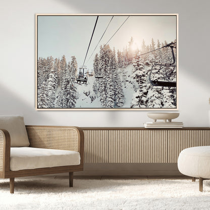 91534512-MGV-FC-36X24_Natural-Frosty Pines Wall Art Canvas Print, Framed Cozy Cabin View Art Picture Print, Ski Lift Ride Perfect Rustic Lodge Decor Artwork