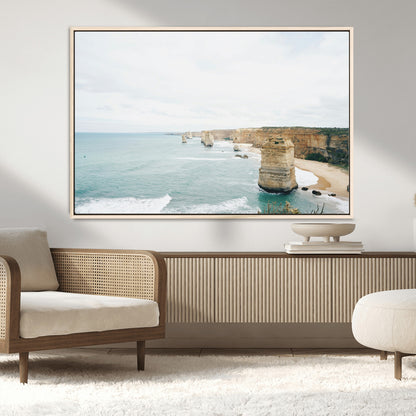 70095633-MGV-CV-36X24-Twelve Apostles Wall Art Canvas Print, Framed Coastal Cliffs Art Picture Print, Rugged Rock Formations Perfect Minimalist Coastal